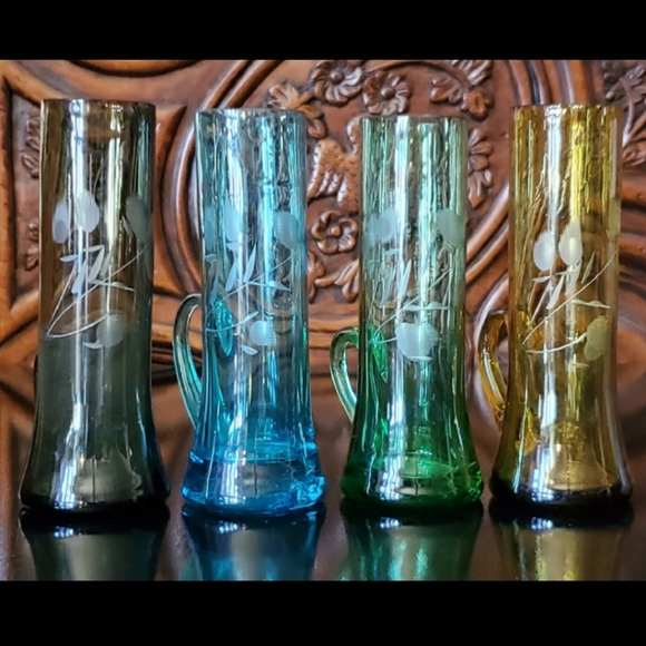 Other - (4) Vntg 2oz Handblown Etched Shooters Glasses